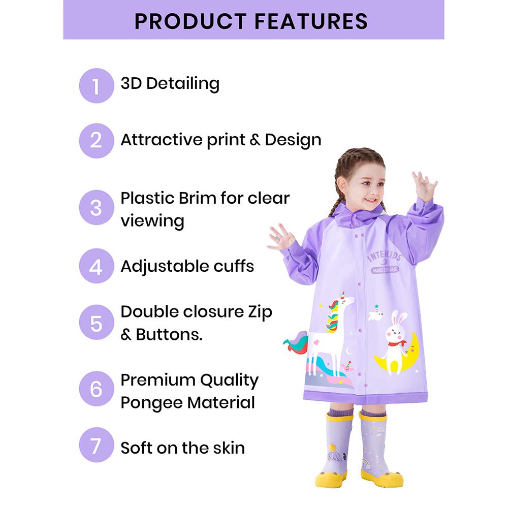 Little Surprise Box 3d Unicorn Lilac Sleeves & Hood Knee Length Raincoat for Kids - Little Surprise BoxLittle Surprise Box 3d Unicorn Lilac Sleeves & Hood Knee Length Raincoat for Kids