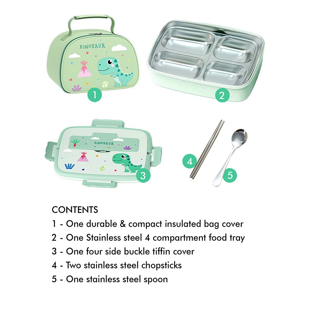 Little Surprise Box, Green Dino Big Size Stainless Steel Lunch Box with Insulated Matching Lunch Bag, stainless steel spoon and chopsticks for Kids and Adults - Little Surprise BoxLittle Surprise Box, Green Dino Big Size Stainless Steel Lunch Box with Insulated Matching Lunch Bag, stainless steel spoon and chopsticks for Kids and Adults