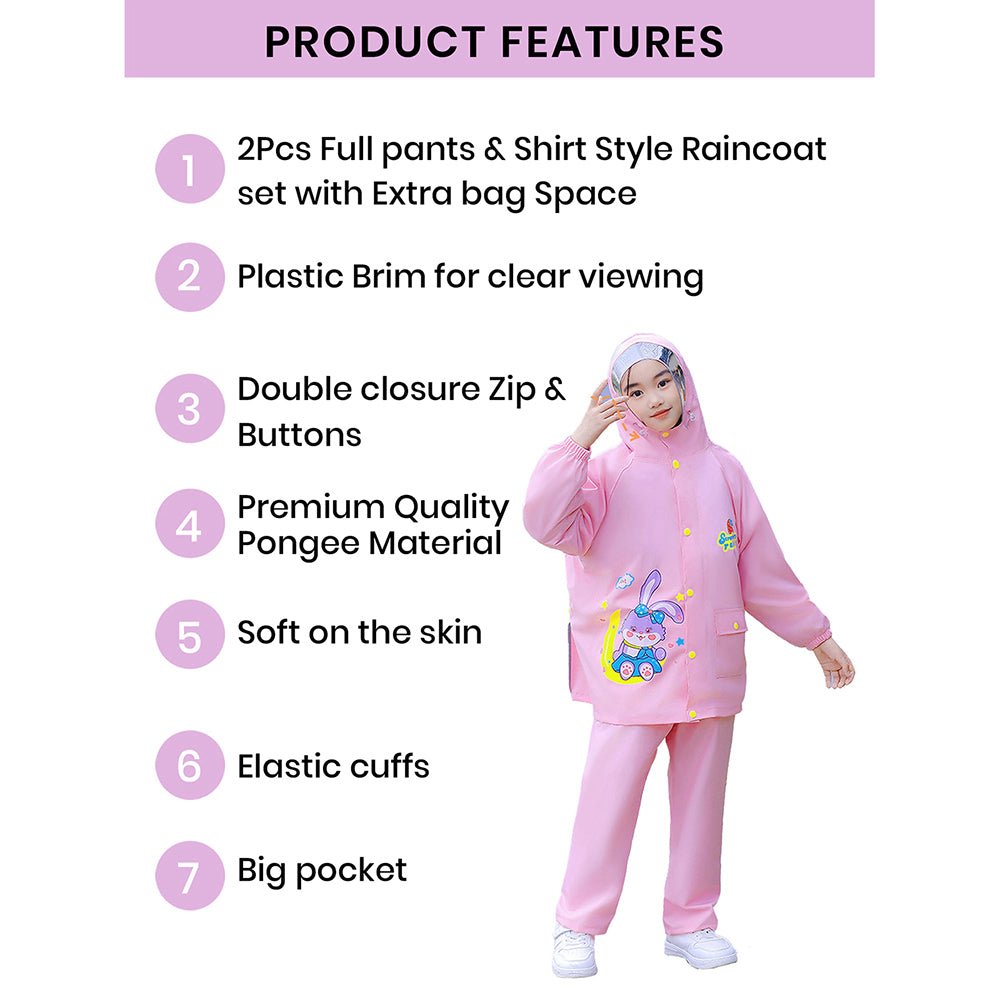 Little Surprise Box,2 pcs Pink Rabbit Moon Full Shirt and Full Pants style Raincoat for Kids - Little Surprise BoxLittle Surprise Box,2 pcs Pink Rabbit Moon Full Shirt and Full Pants style Raincoat for Kids