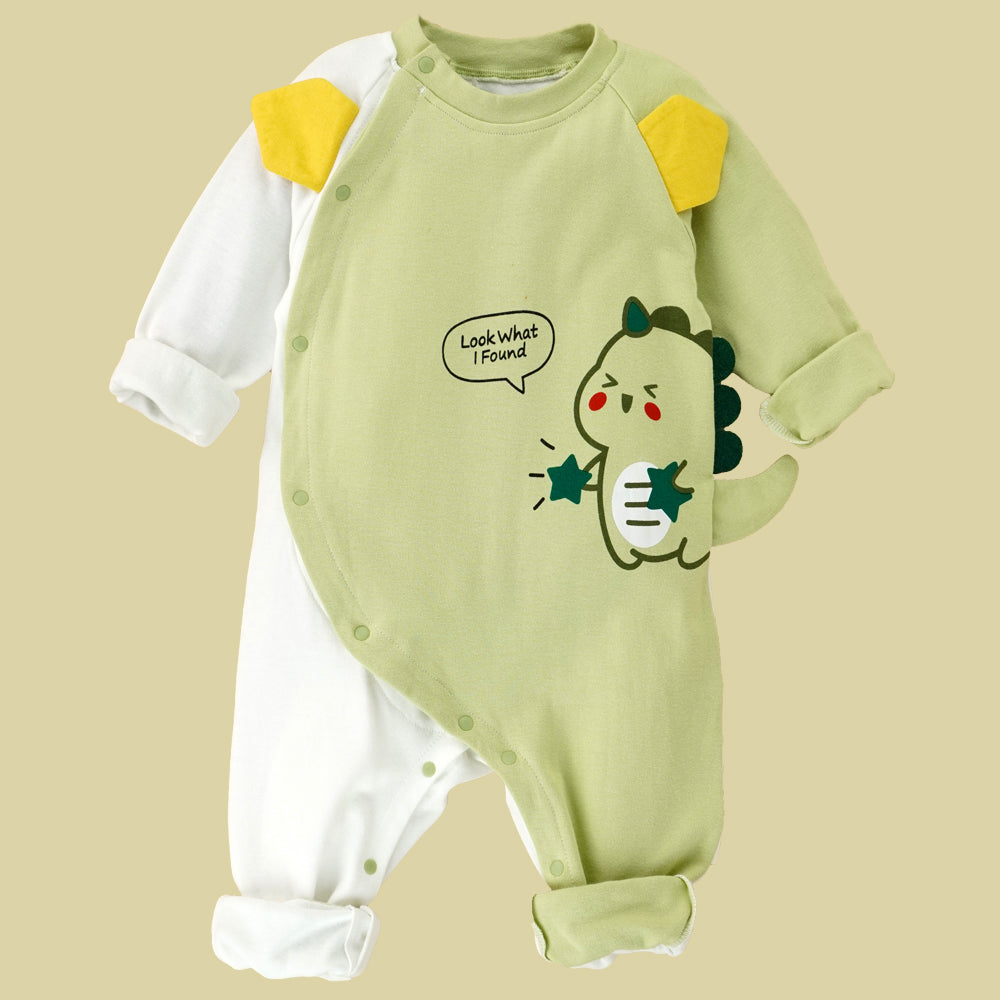 Green Star Dino full sleeves jumpsuit style Romper for Tiny Toddlers