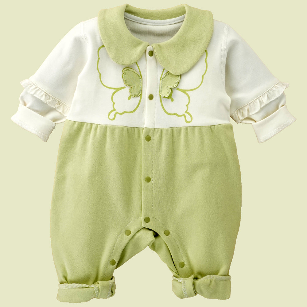 Green & Cream  Butterfly full sleeves jumpsuit style Romper for Tiny Toddlers