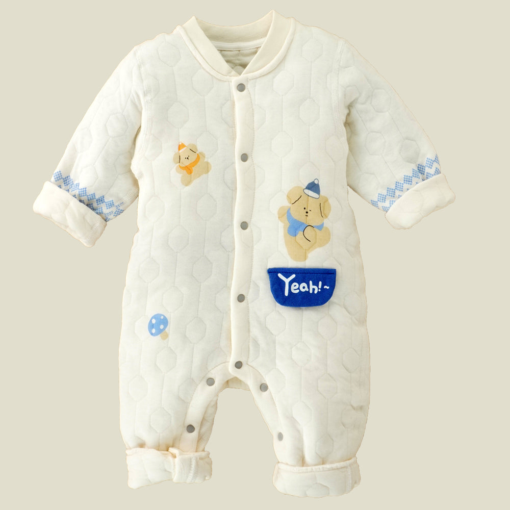 Quilted Cream & Blue Winterwear, full sleeves Romper for Tiny Toddlers