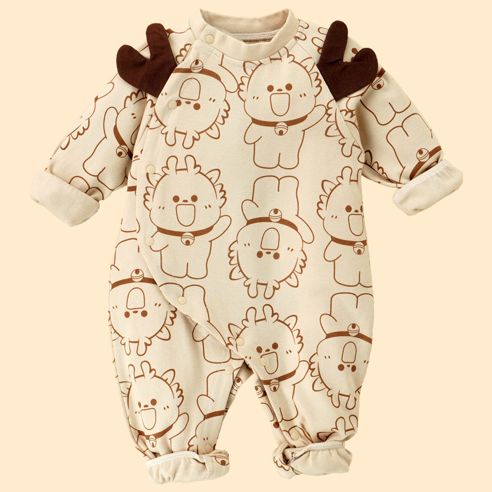 3D Brown Eared Reindeer theme full sleeves jumpsuit Romper for tiny toddlers