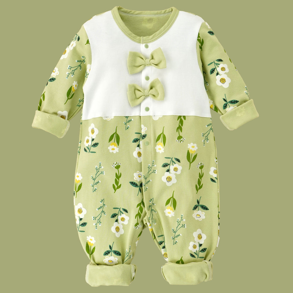 Green Bow & Florals full sleeves jumpsuit style Romper for Tiny Toddlers