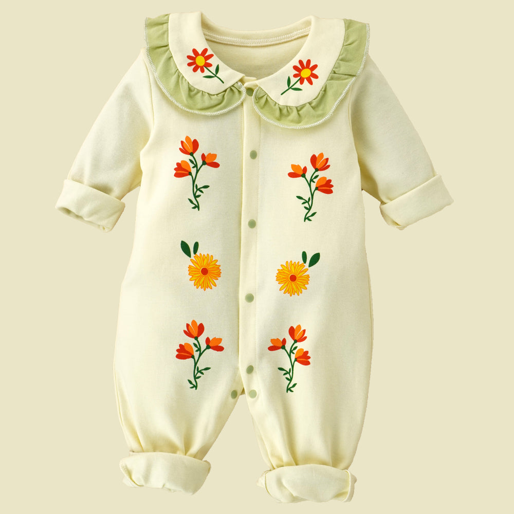 Cream Ruffled Green neck Floaral pattern full sleeves Romper for Tiny Toddlers