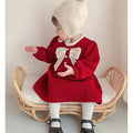 Maroon & Cream Big Bow Ruffled neck Knitted Frock Winter wear - Little Surprise BoxMaroon & Cream Big Bow Ruffled neck Knitted Frock Winter wear