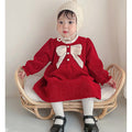 Maroon & Cream Big Bow Ruffled neck Knitted Frock Winter wear - Little Surprise BoxMaroon & Cream Big Bow Ruffled neck Knitted Frock Winter wear