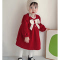 Maroon & Cream Big Bow Ruffled neck Knitted Frock Winter wear - Little Surprise BoxMaroon & Cream Big Bow Ruffled neck Knitted Frock Winter wear