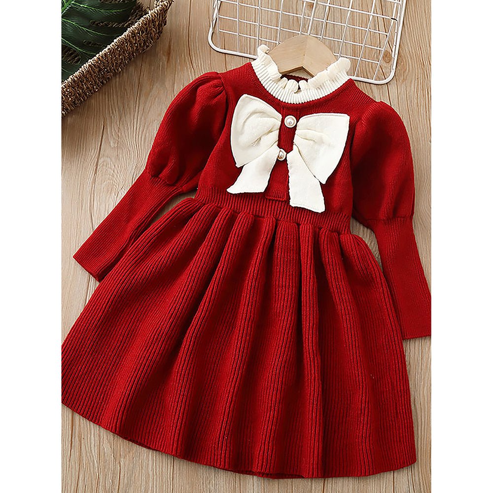 Maroon & Cream Big Bow Ruffled neck Knitted Frock Winter wear - Little Surprise BoxMaroon & Cream Big Bow Ruffled neck Knitted Frock Winter wear