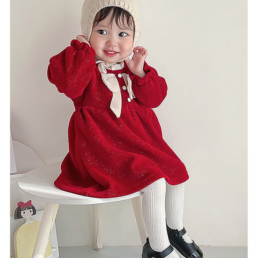 Maroon & Cream Big Bow Ruffled neck Knitted Frock Winter wear - Little Surprise BoxMaroon & Cream Big Bow Ruffled neck Knitted Frock Winter wear