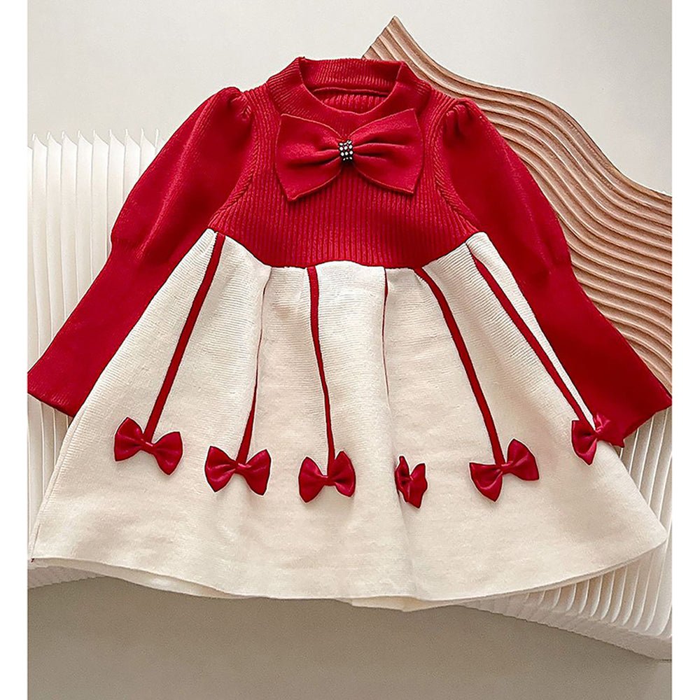 Maroon & Cream Little Bow Knitted Frock Winter wear with matching hair clip - Little Surprise BoxMaroon & Cream Little Bow Knitted Frock Winter wear with matching hair clip