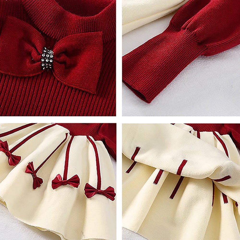 Maroon & Cream Little Bow Knitted Frock Winter wear with matching hair clip - Little Surprise BoxMaroon & Cream Little Bow Knitted Frock Winter wear with matching hair clip