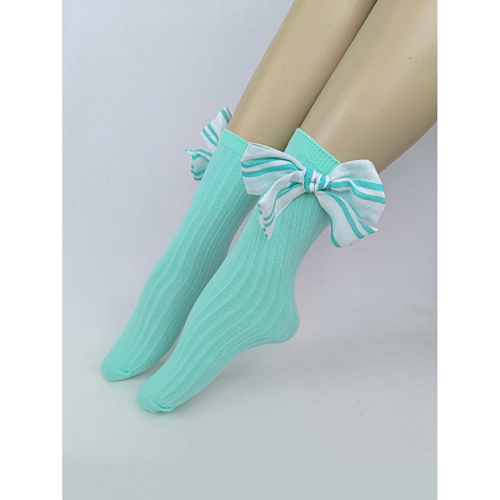 Mint Green White Striped 3d Big Bow Socks for Kids . - Little Surprise BoxMint Green White Striped 3d Big Bow Socks for Kids .