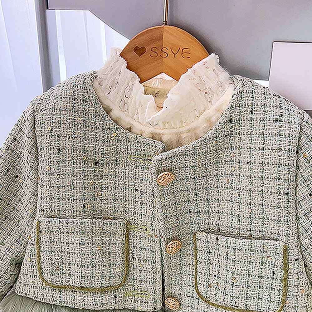 Olive Fur Trim 2 pcs top & shorts Tweed Winterwear set for Girls - Little Surprise BoxOlive Fur Trim 2 pcs top & shorts Tweed Winterwear set for Girls