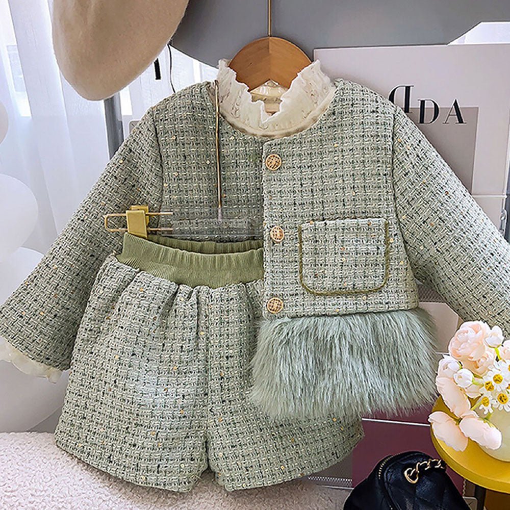 Olive Fur Trim 2 pcs top & shorts Tweed Winterwear set for Girls - Little Surprise BoxOlive Fur Trim 2 pcs top & shorts Tweed Winterwear set for Girls