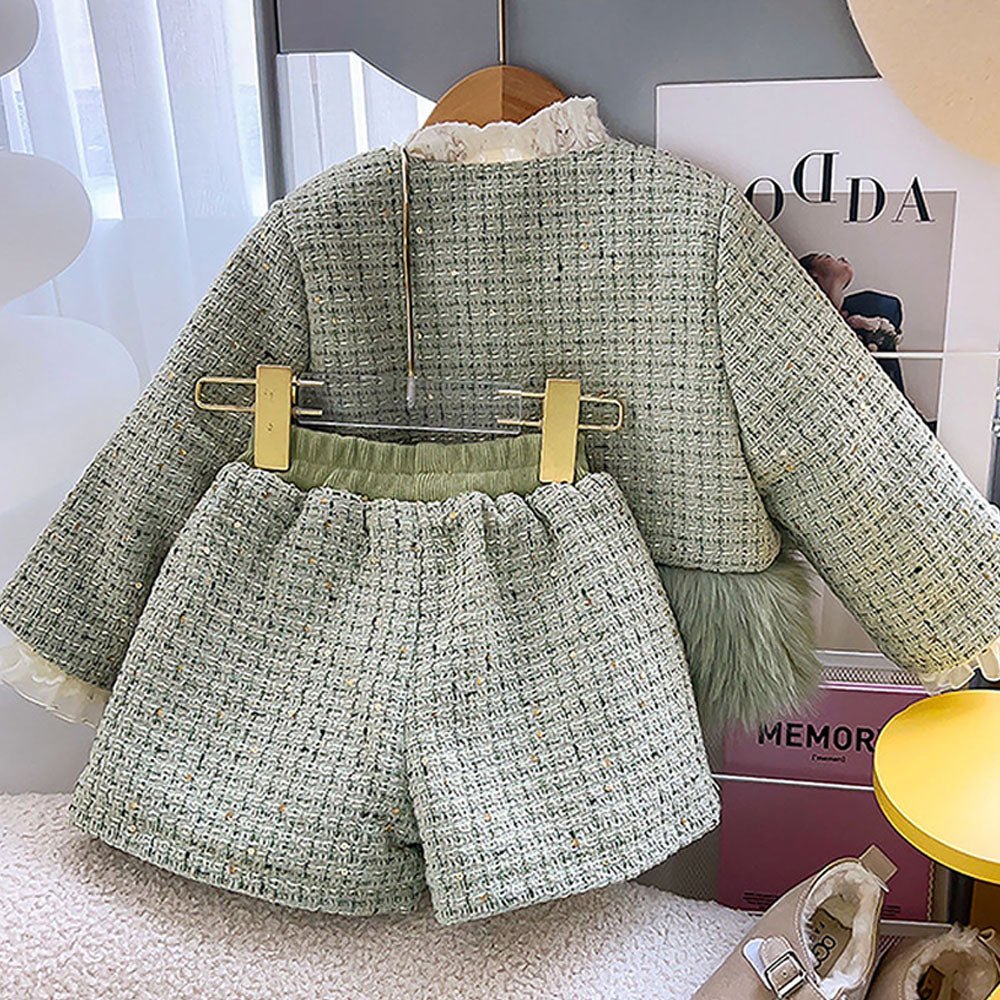 Olive Fur Trim 2 pcs top & shorts Tweed Winterwear set for Girls - Little Surprise BoxOlive Fur Trim 2 pcs top & shorts Tweed Winterwear set for Girls