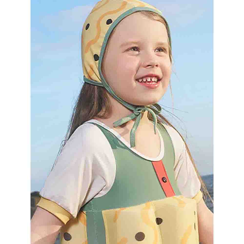 Olive & Yellow Curves Print Kids Swimsuit with attached Swim Floats + tie up cap in UPF 50+ - Little Surprise BoxOlive & Yellow Curves Print Kids Swimsuit with attached Swim Floats + tie up cap in UPF 50+