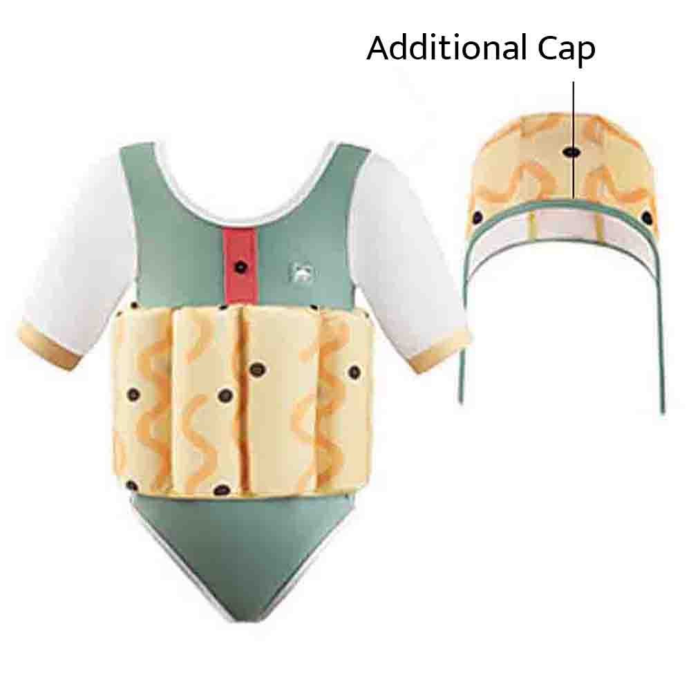 Olive & Yellow Curves Print Kids Swimsuit with attached Swim Floats + tie up cap in UPF 50+ - Little Surprise BoxOlive & Yellow Curves Print Kids Swimsuit with attached Swim Floats + tie up cap in UPF 50+