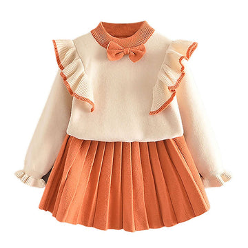 Orange Ruffled Shoulder 2 pcs sweatshirt & Skirt Winterwear set for Girls - Little Surprise BoxOrange Ruffled Shoulder 2 pcs sweatshirt & Skirt Winterwear set for Girls