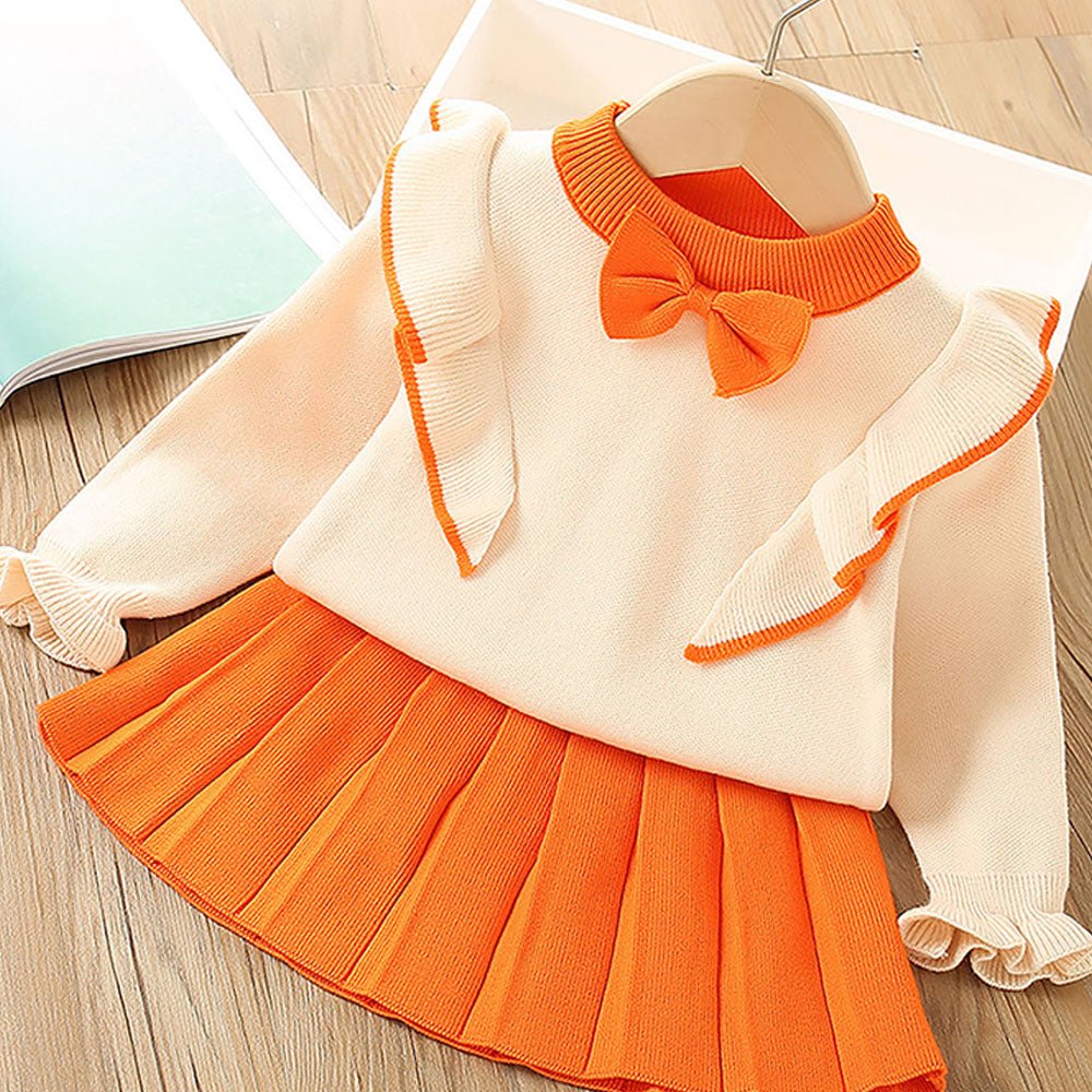 Orange Ruffled Shoulder 2 pcs sweatshirt & Skirt Winterwear set for Girls - Little Surprise BoxOrange Ruffled Shoulder 2 pcs sweatshirt & Skirt Winterwear set for Girls