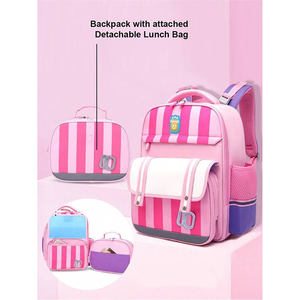 Pink Bold Stripes Insulated Lunchbag & Ergonomic School Backpack for Kids - Little Surprise BoxPink Bold Stripes Insulated Lunchbag & Ergonomic School Backpack for Kids
