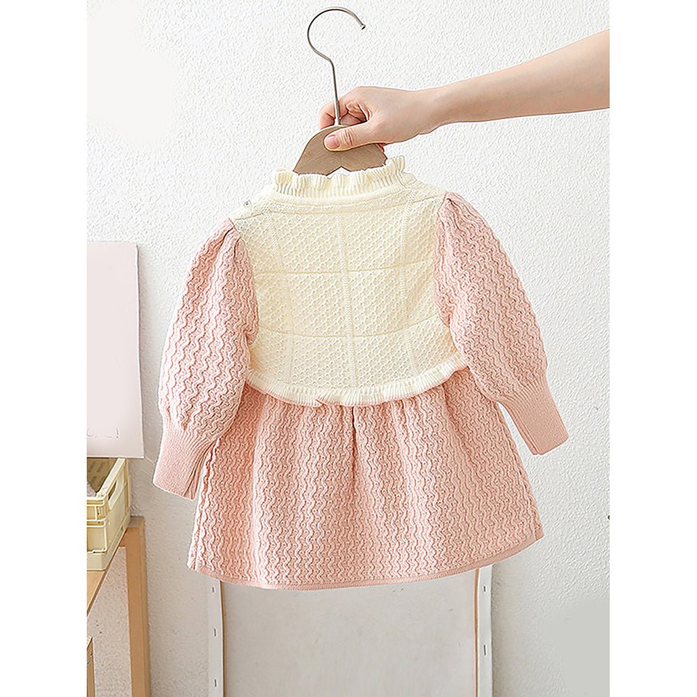 Pink & Cream Front floral Jacket patterned Knitted Frock Winter wear - Little Surprise BoxPink & Cream Front floral Jacket patterned Knitted Frock Winter wear