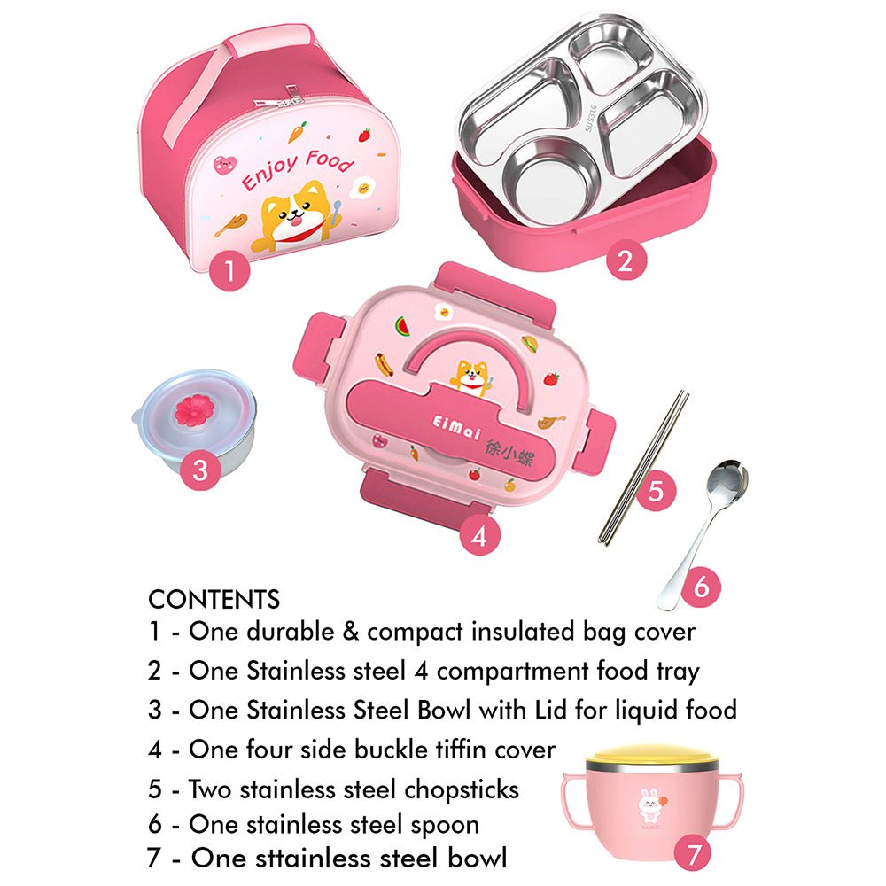 Pink Foxy Combo set stainless steel Lunch Box with insulated Lunch box Cover for kids - Little Surprise BoxPink Foxy Combo set stainless steel Lunch Box with insulated Lunch box Cover for kids