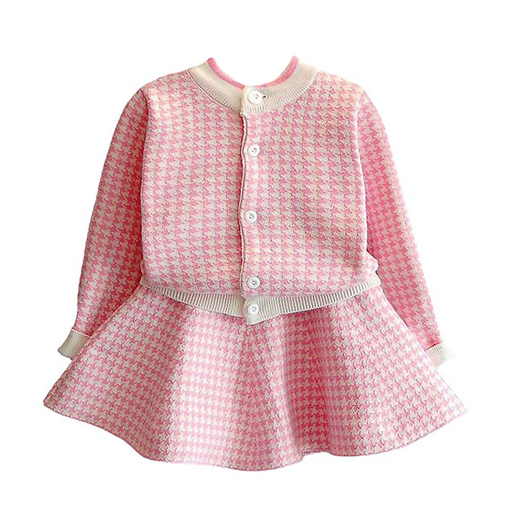 Pink Houndstooth 2 pcs Cardigan & skirt Winterwear set for Girls - Little Surprise BoxPink Houndstooth 2 pcs Cardigan & skirt Winterwear set for Girls