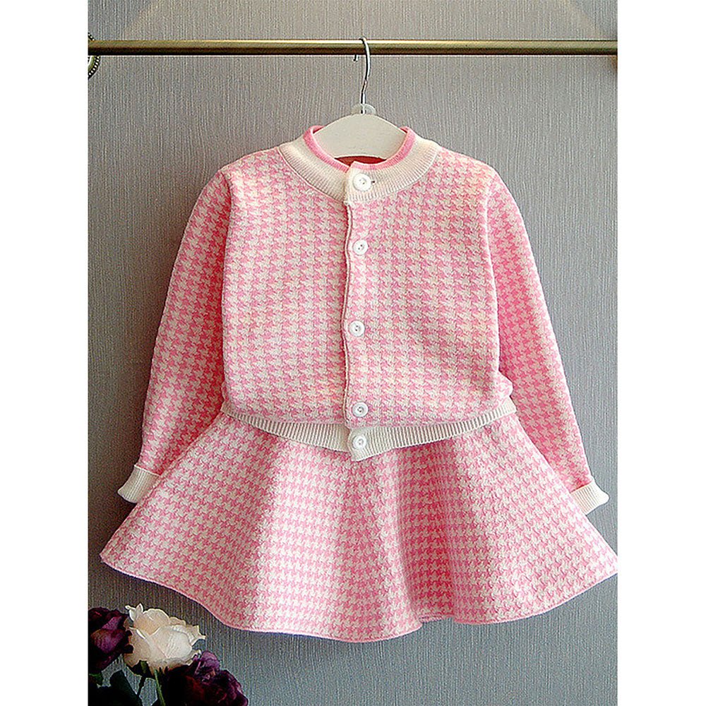 Pink Houndstooth 2 pcs Cardigan & skirt Winterwear set for Girls - Little Surprise BoxPink Houndstooth 2 pcs Cardigan & skirt Winterwear set for Girls