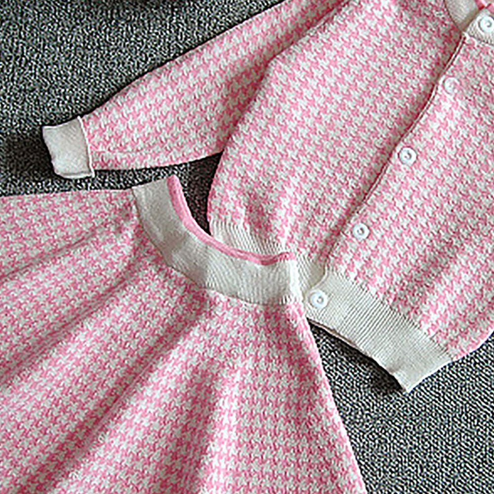 Pink Houndstooth 2 pcs Cardigan & skirt Winterwear set for Girls - Little Surprise BoxPink Houndstooth 2 pcs Cardigan & skirt Winterwear set for Girls