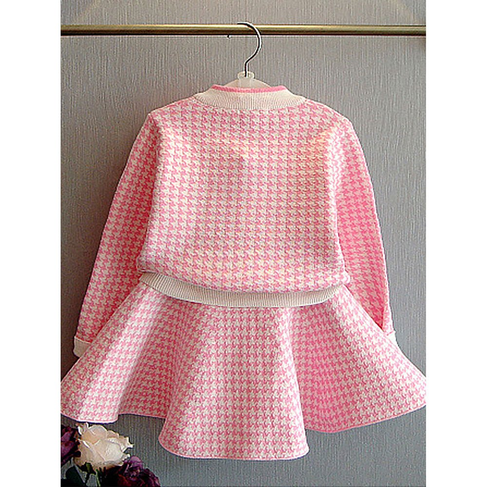 Pink Houndstooth 2 pcs Cardigan & skirt Winterwear set for Girls - Little Surprise BoxPink Houndstooth 2 pcs Cardigan & skirt Winterwear set for Girls