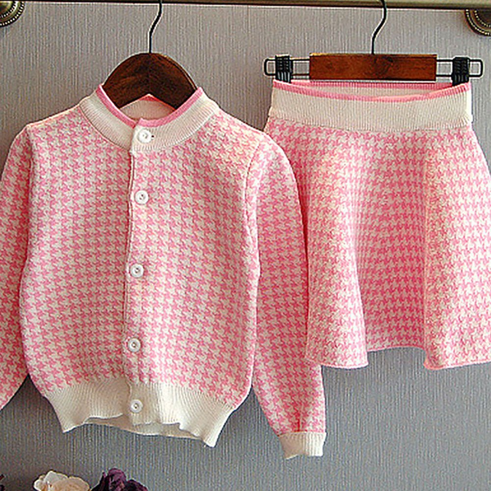 Pink Houndstooth 2 pcs Cardigan & skirt Winterwear set for Girls - Little Surprise BoxPink Houndstooth 2 pcs Cardigan & skirt Winterwear set for Girls