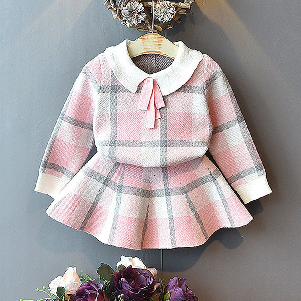 Pink Plaid Peter Pan collar 2 pcs sweatshirt & Skirt Winterwear set for Girls - Little Surprise BoxPink Plaid Peter Pan collar 2 pcs sweatshirt & Skirt Winterwear set for Girls