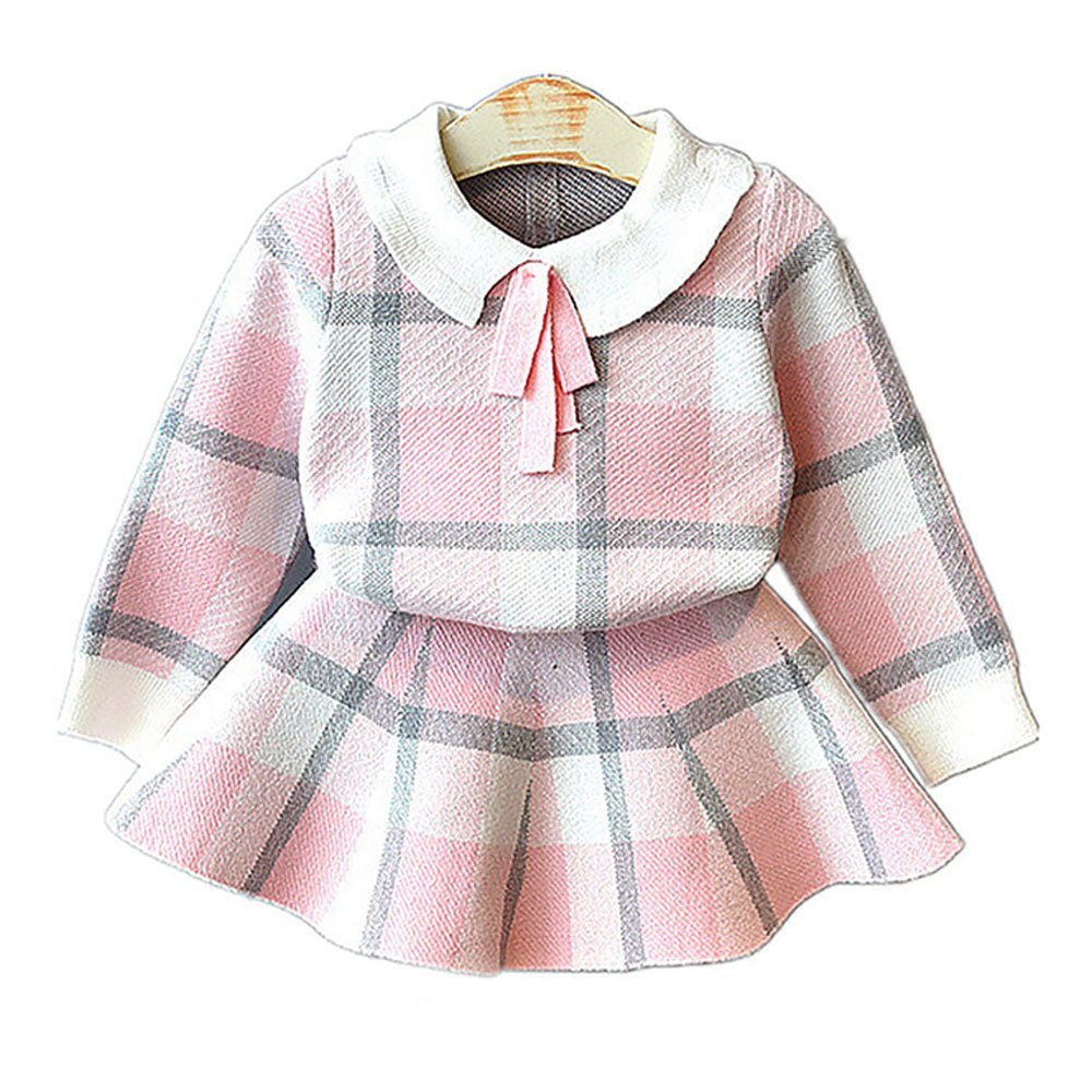 Pink Plaid Peter Pan collar 2 pcs sweatshirt & Skirt Winterwear set for Girls - Little Surprise BoxPink Plaid Peter Pan collar 2 pcs sweatshirt & Skirt Winterwear set for Girls