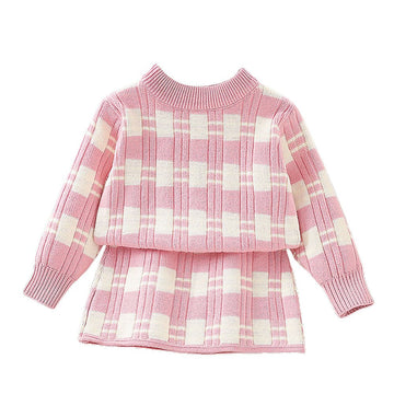 Pink & White Checkered Pull over style 2 pcs top & Skirt Winterwear set for Girls - Little Surprise BoxPink & White Checkered Pull over style 2 pcs top & Skirt Winterwear set for Girls