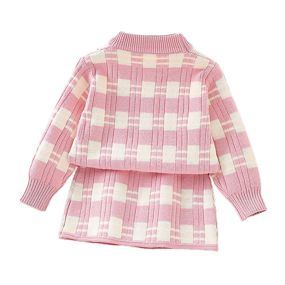 Pink & White Checkered Pull over style 2 pcs top & Skirt Winterwear set for Girls - Little Surprise BoxPink & White Checkered Pull over style 2 pcs top & Skirt Winterwear set for Girls