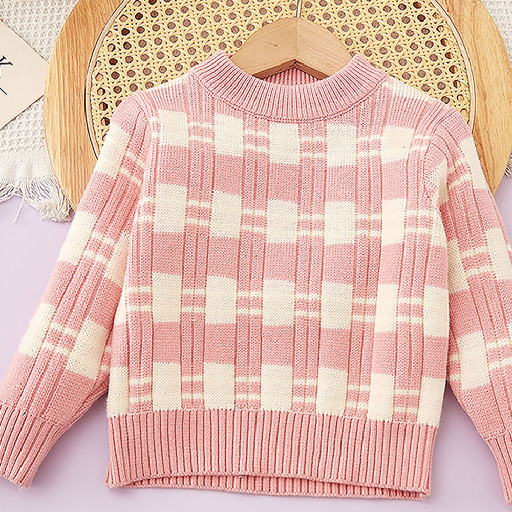 Pink & White Checkered Pull over style 2 pcs top & Skirt Winterwear set for Girls - Little Surprise BoxPink & White Checkered Pull over style 2 pcs top & Skirt Winterwear set for Girls