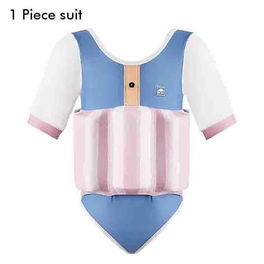 Powder Blue & Pink Stripes Kids Swimsuit with attached Swim Floats + tie up cap in UPF 50+ - Little Surprise BoxPowder Blue & Pink Stripes Kids Swimsuit with attached Swim Floats + tie up cap in UPF 50+