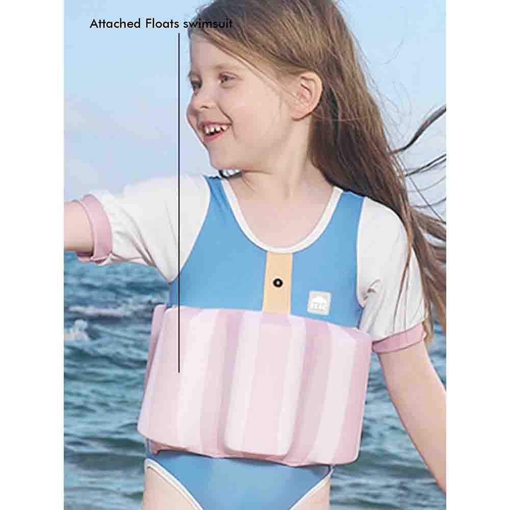Powder Blue & Pink Stripes Kids Swimsuit with attached Swim Floats + tie up cap in UPF 50+ - Little Surprise BoxPowder Blue & Pink Stripes Kids Swimsuit with attached Swim Floats + tie up cap in UPF 50+