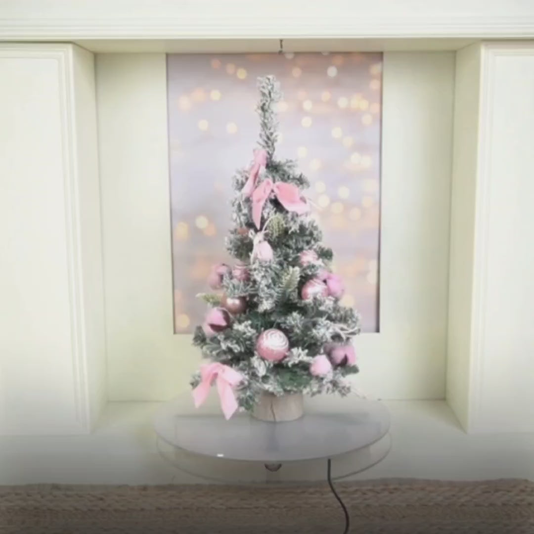 2 feet pastel Pink Swirl Snowy Bushy Christmas Tree filled with balls and ornament Fillers