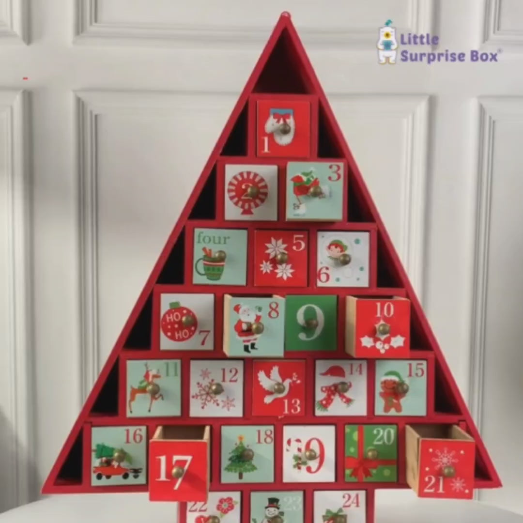 24 days, Wooden Red Tree Shape Advent Calendar for Christmas