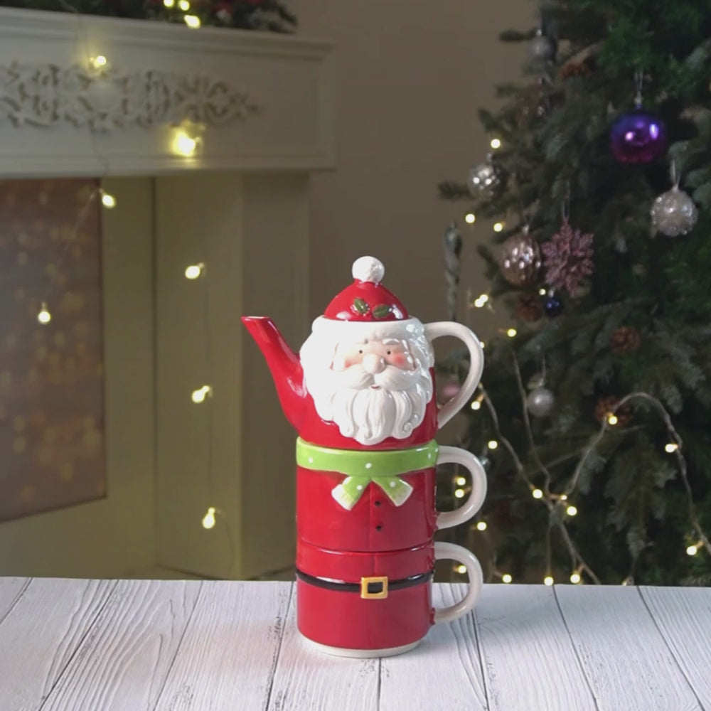 Santa themed 3pcs teapot and Hot chocolate/Coffee Christmas Mugs Set.
