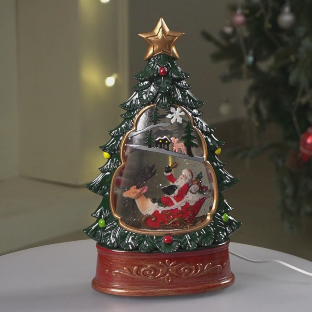 Dark Green Tree Decor with Musical Glitter Water Light, Christmas Home Décor