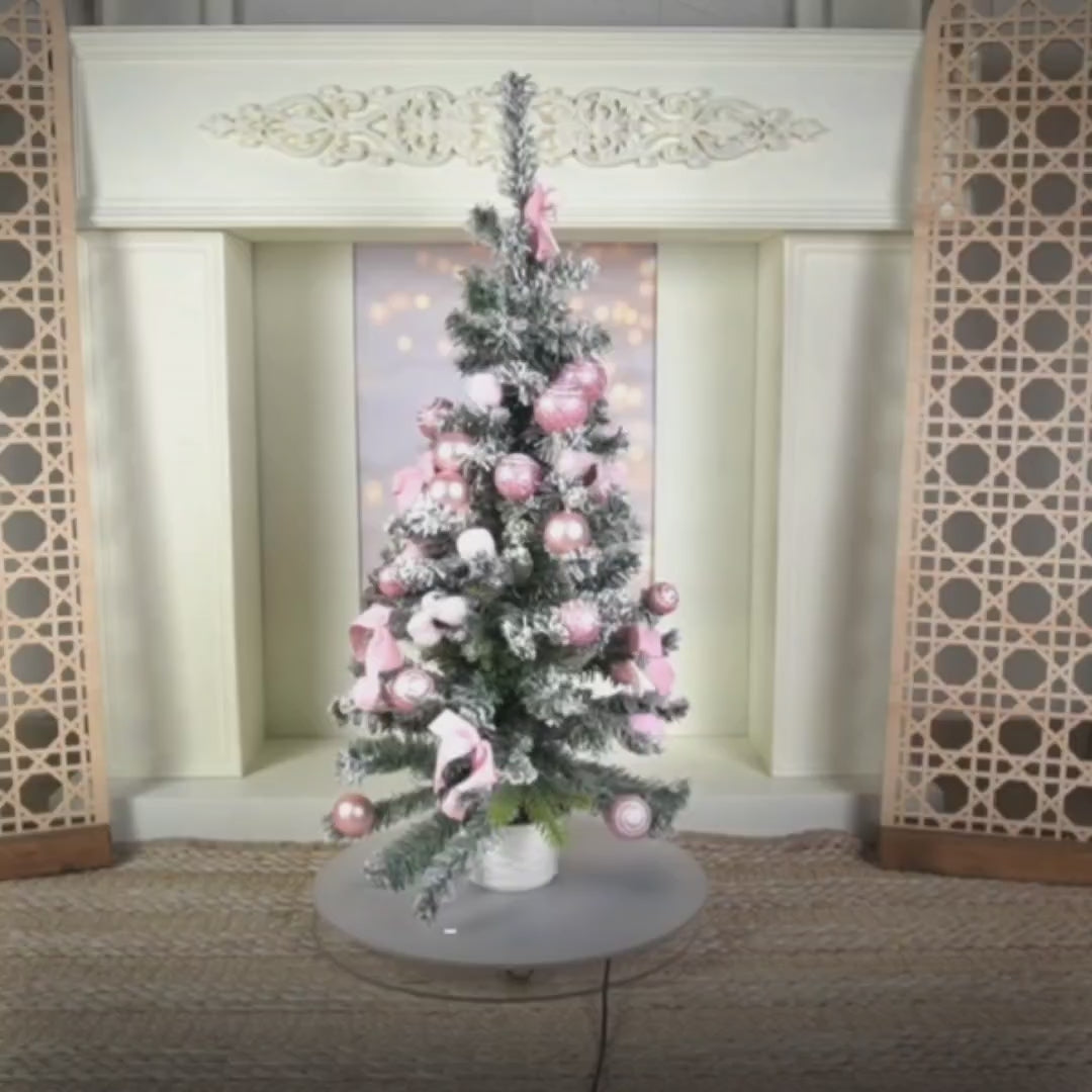 3 feet pastel Pink Swirl snowy Bushy Christmas Tree filled with balls and ornament Fillers