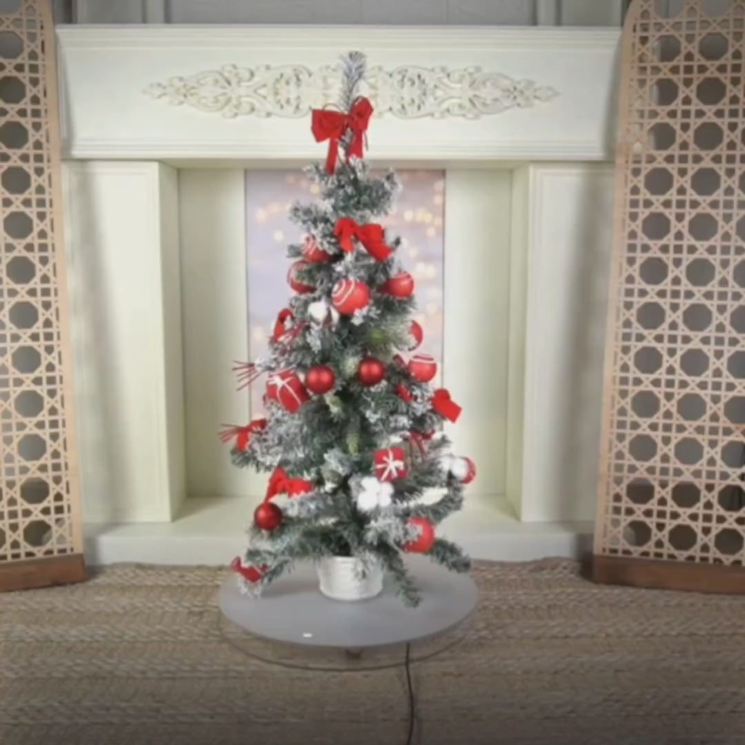 3 feet Red Swirl Frosty Bushy Christmas Tree filled with balls and ornament Fillers