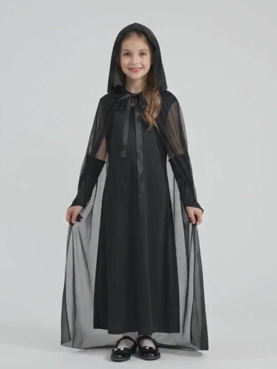 Long Black Cloak Witch , Kids Halloween Costume Fancy Dress Up