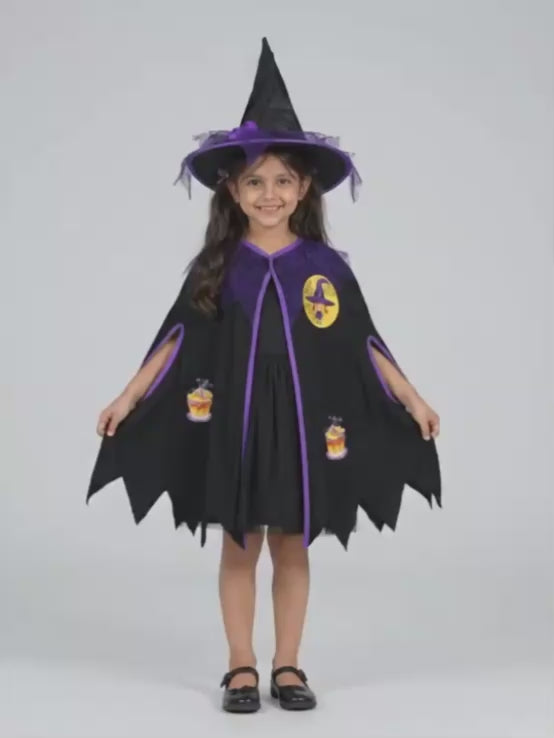 Black & Purple Witch Poncho & Hat set,No Frock included, Kids Halloween Costume Fancy Dress Up