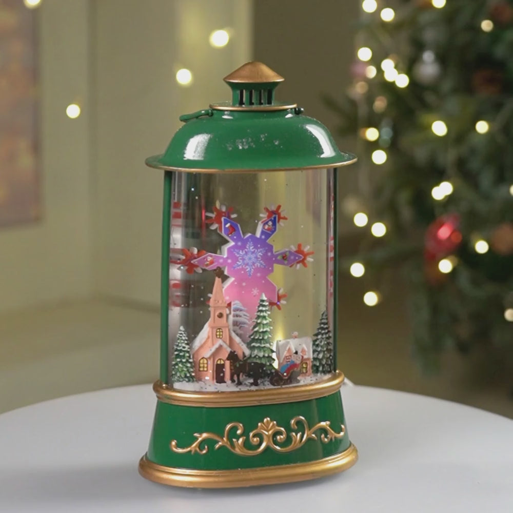 Green Lantern with Musical and Rotating Glitter Water Lights, Christmas home décor and decoration