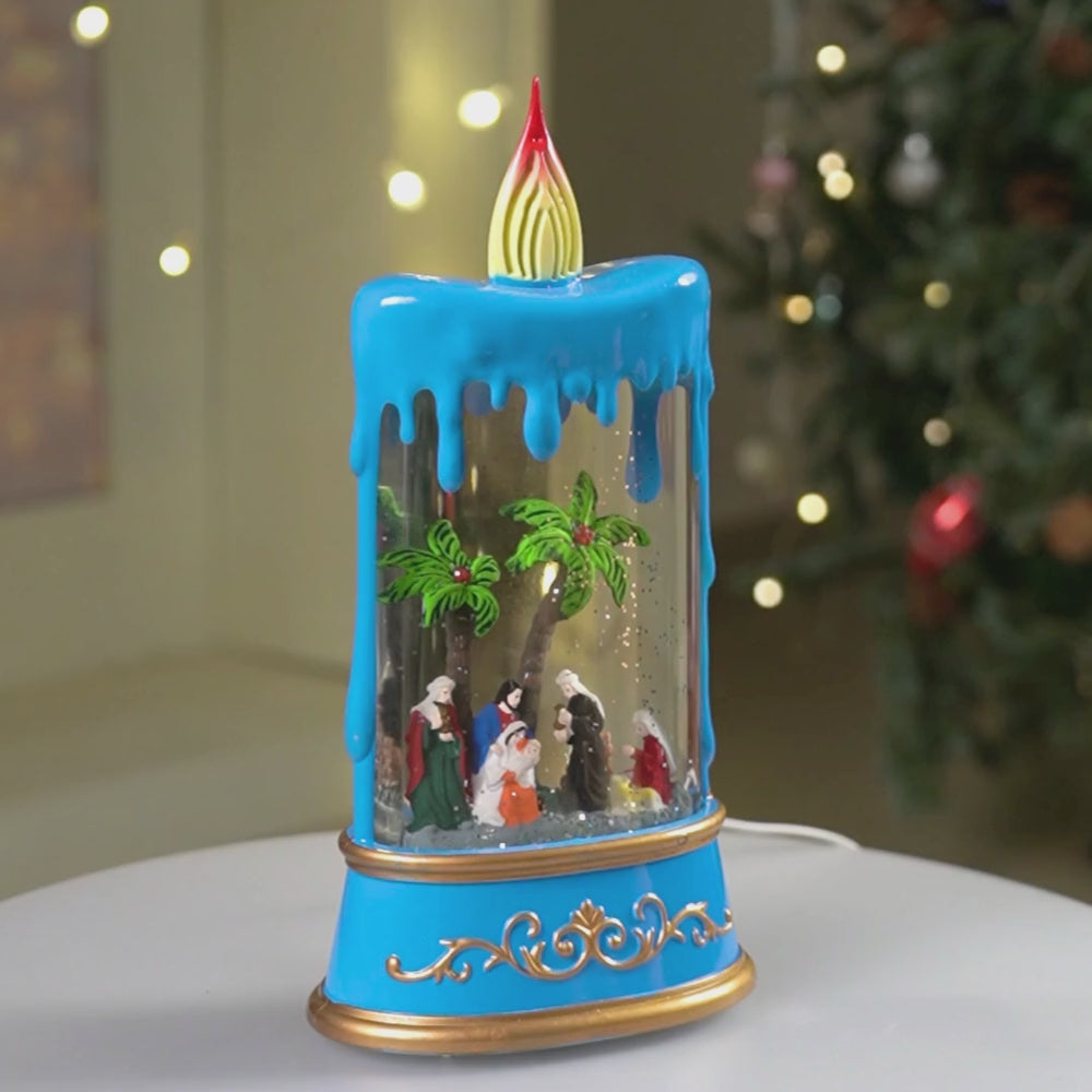 Blue Candle, with Musical Glitter Water and Lights, Christmas home décor and decoration
