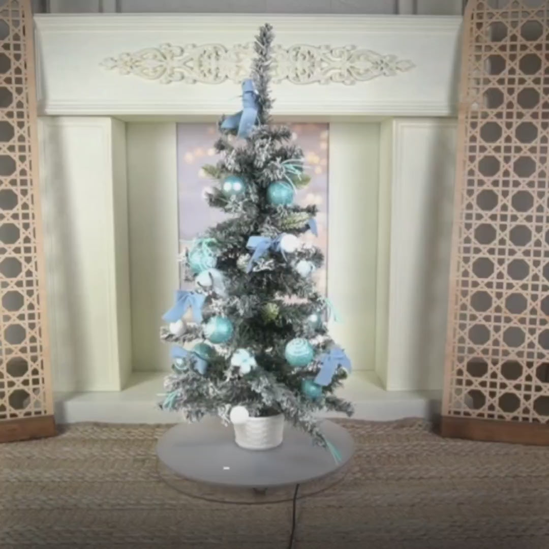 3 feet Pastel Blue Swirl Snowy Bushy Christmas Tree readily filled with ball ornament and Fillers